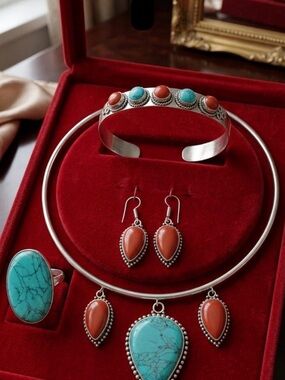 Turquoise Red Coral Multi Stone Jewelry Set, Sterling Silver Plated Boho Style